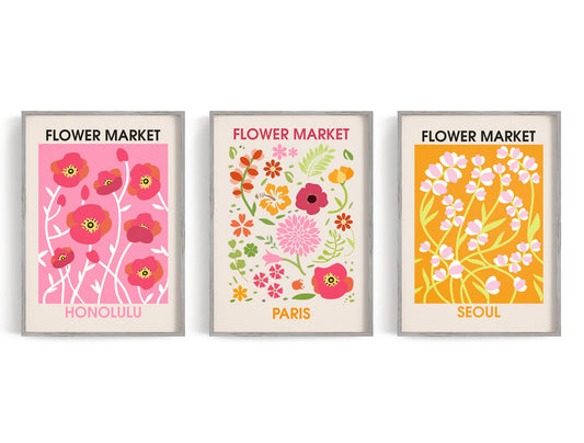 Bright Flower Market Trio showing three illustrated flower-market posters celebrate Honolulu, Paris, and Seoul with bold.