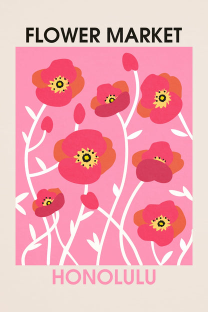 A Honolulu flower-market poster combines tropical pink blooms, green leaves, and bold location lettering