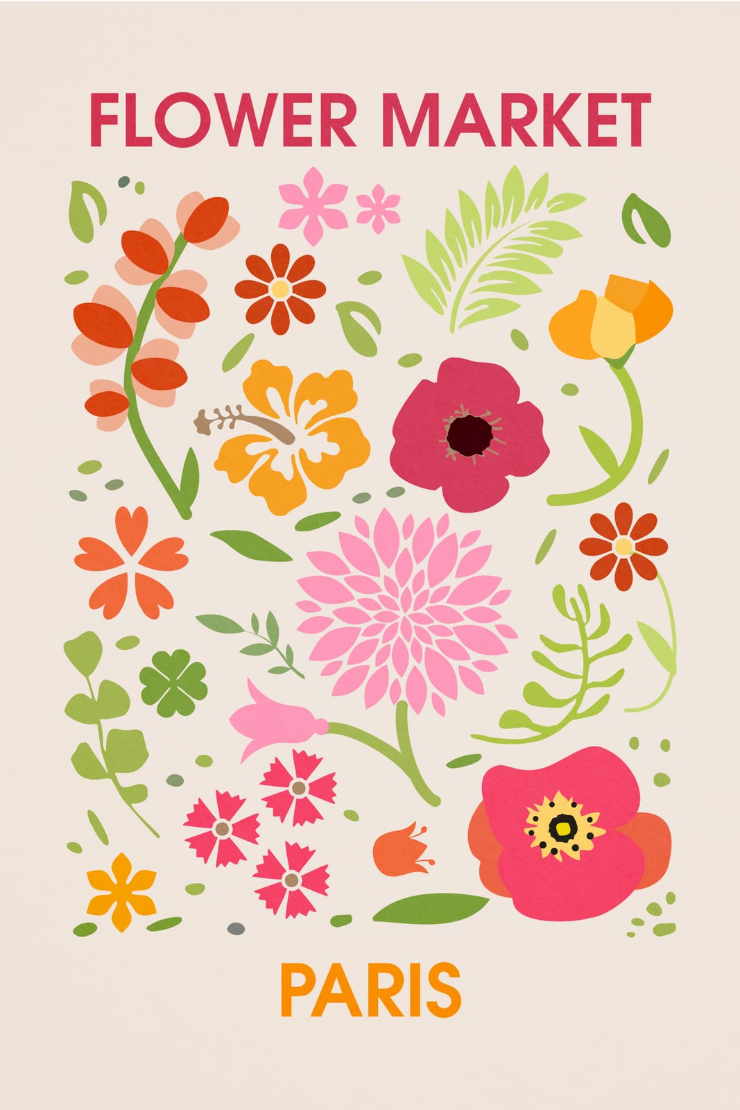 A Paris flower-market poster gathers pink and red blooms above bold city lettering