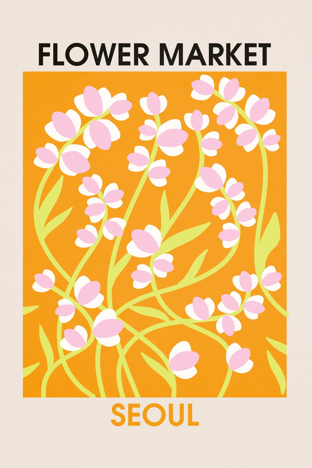 A Seoul flower-market poster shows a tall mixed bouquet with pink, red, green, and pale-blue accents