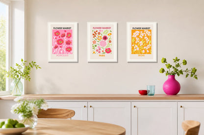 Bright Flower Market Trio trio displayed in a kitchen matched to its bright pink, red, leaf green palette