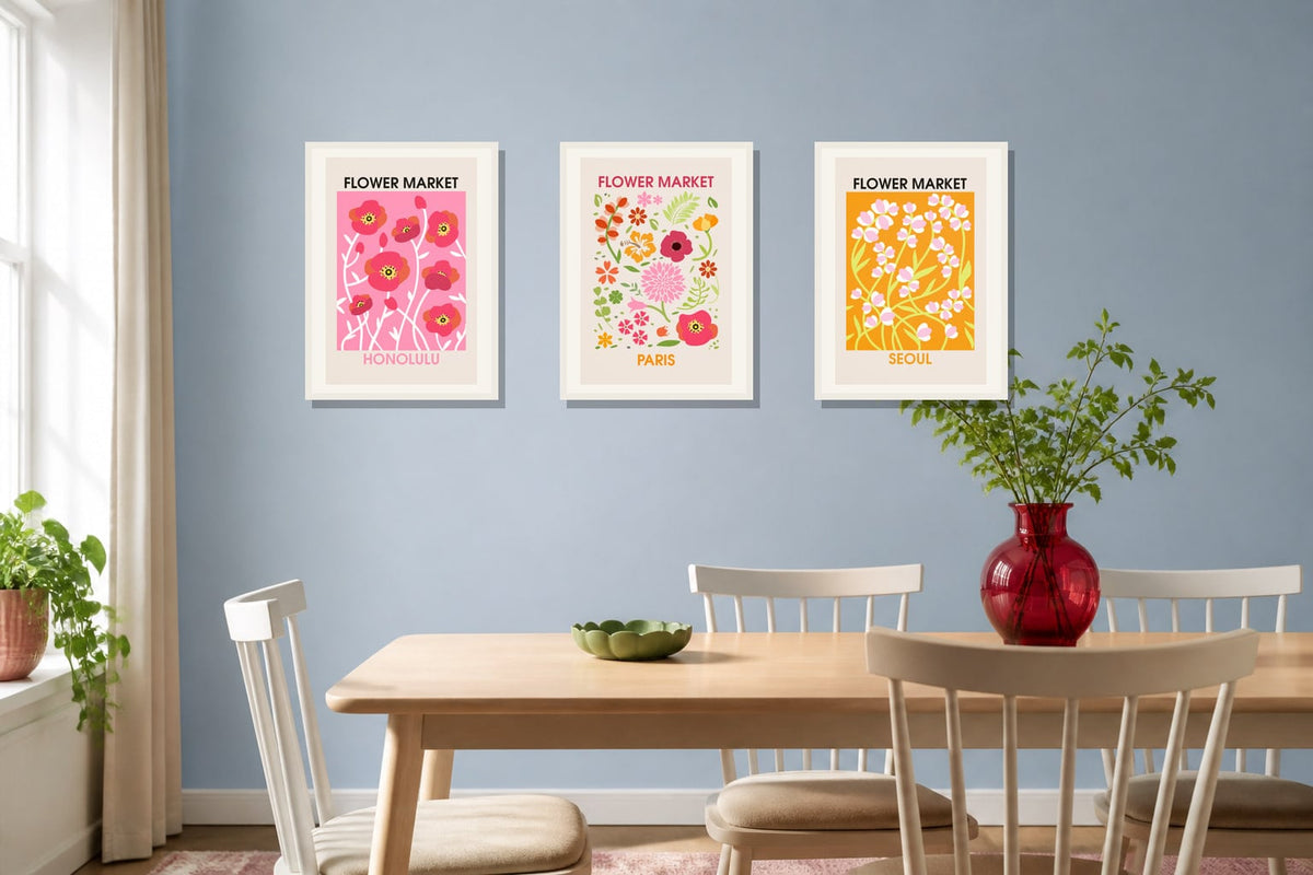 Bright Flower Market Trio trio displayed in a dining room matched to its bright pink, red, leaf green palette