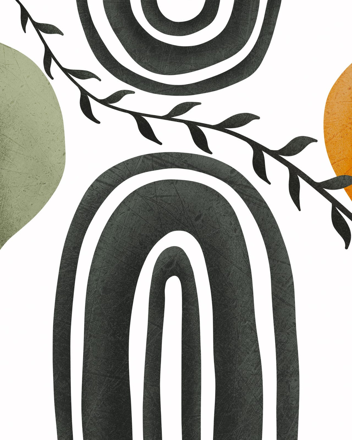 Large charcoal arch with a slim leafy branch, sage circle, and ochre accent