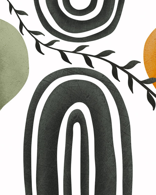 Large charcoal arch with a slim leafy branch, sage circle, and ochre accent