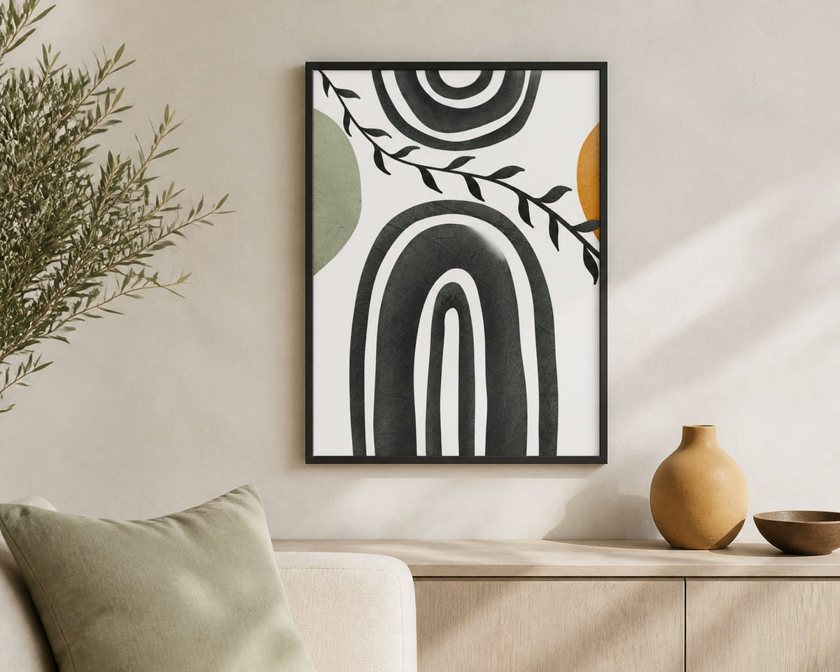 Charcoal Arch Botanical Print in a warm white living room with sage and ochre accents