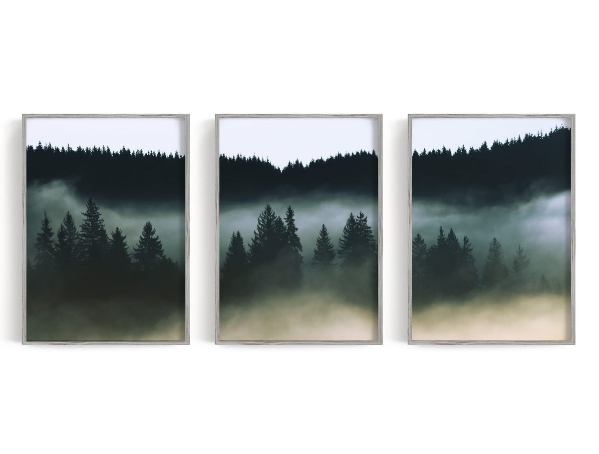Three dark green forest panels fading into blue-gray mist