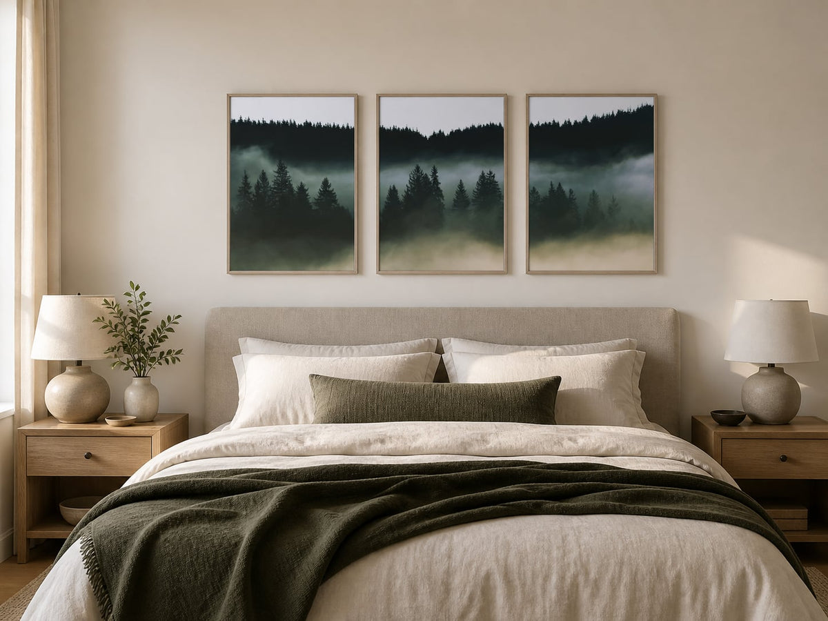 Deep Forest Mist Trio displayed in a palette-matched bedroom