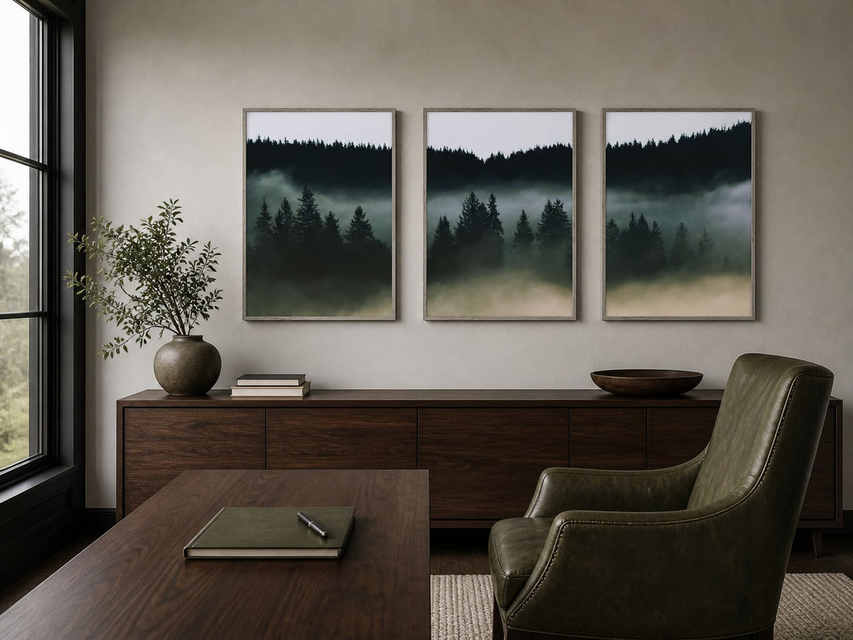 Deep Forest Mist Trio displayed in a palette-matched study