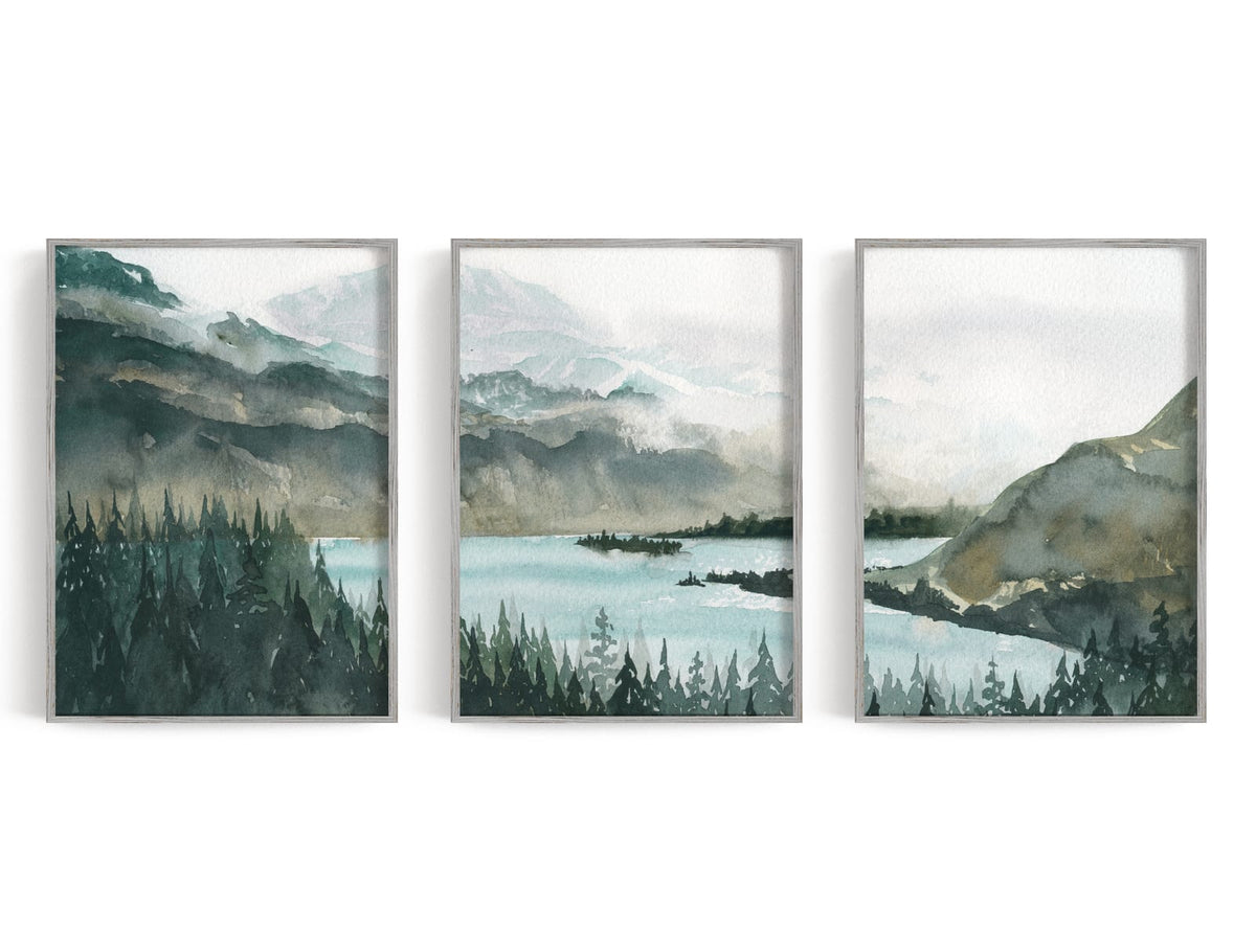 Three deep green painted-style mountain lake prints displayed as a set