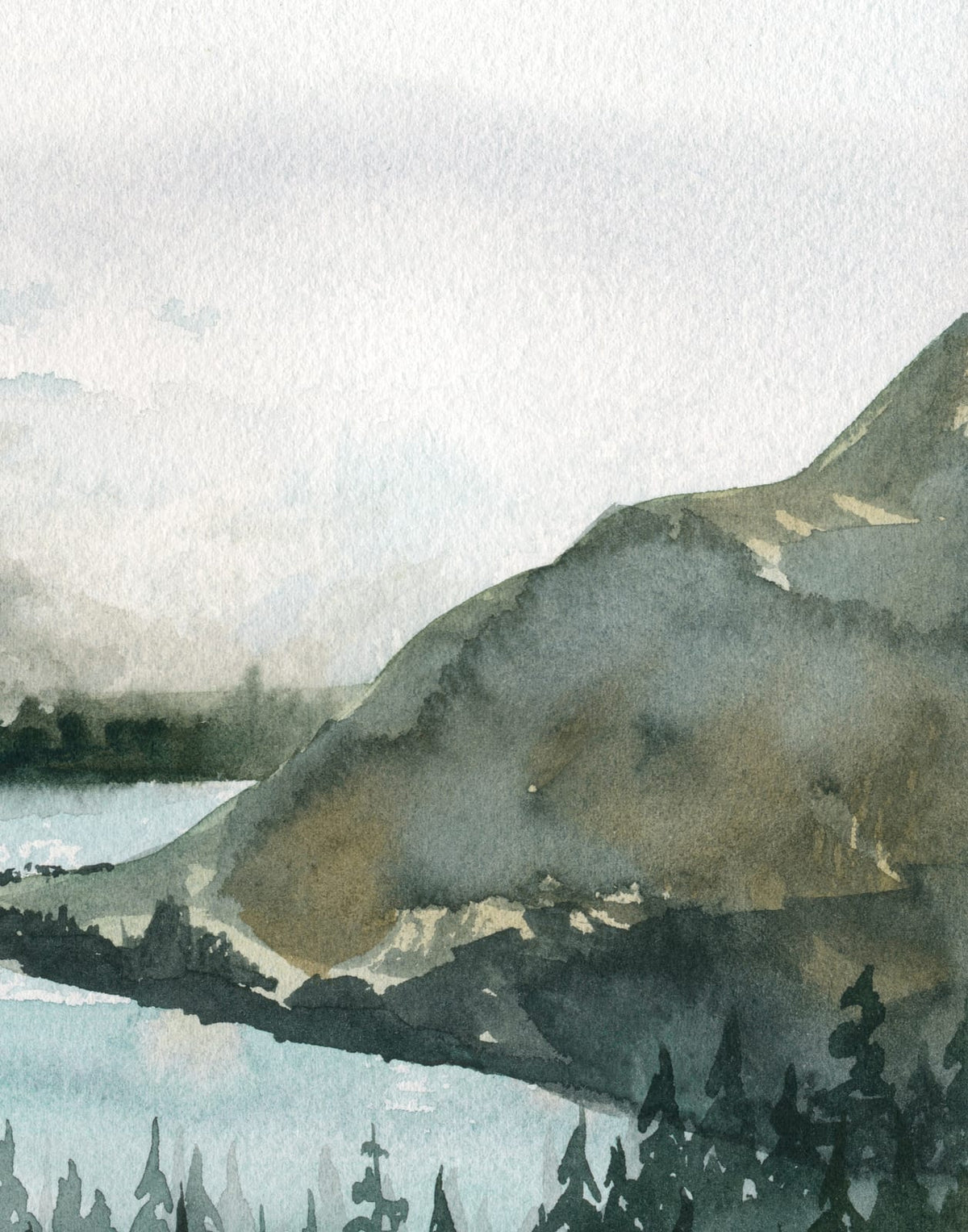 Painted-style mountain lake with deep green forest and pale ridges
