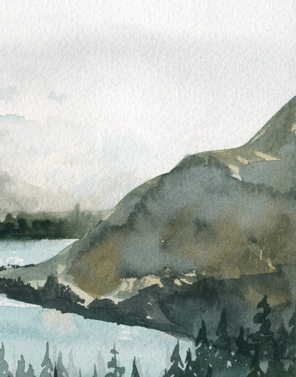 Painted-style mountain lake with deep green forest and pale ridges