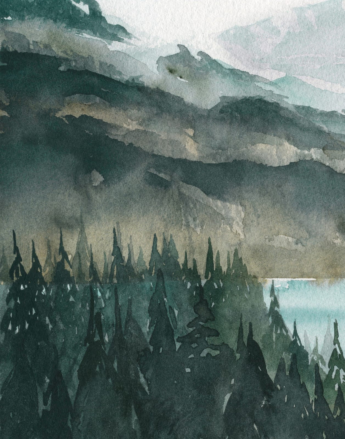 Layered green forest, lake, and blue-gray mountain landscape