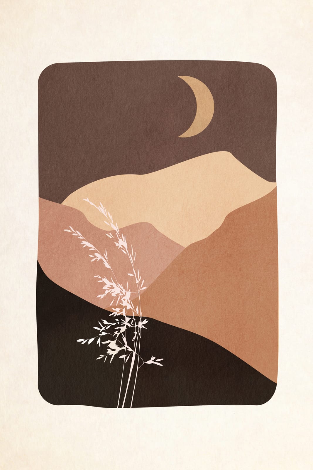 Layered terracotta and sand hills sit beneath a dark moon on a cream ground