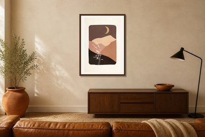 Desert Moon Landscape Print print displayed in a living room matched to its terracotta, sand, black palette