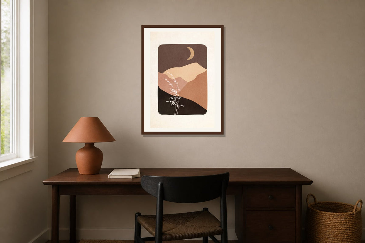 Desert Moon Landscape Print print displayed in a home office matched to its terracotta, sand, black palette