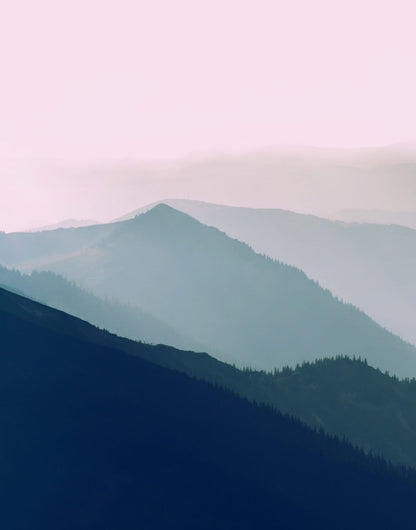 Two layered blue-green mountain panels beneath a muted rose and cream sky, panel 1 of 2