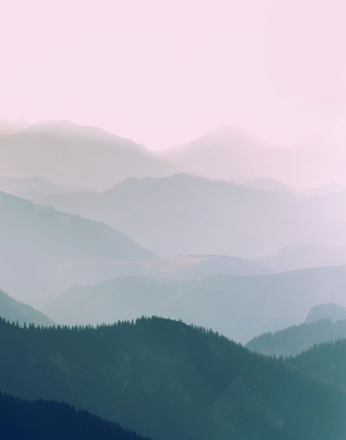 Two layered blue-green mountain panels beneath a muted rose and cream sky, panel 2 of 2