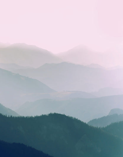 Two layered blue-green mountain panels beneath a muted rose and cream sky, panel 2 of 2