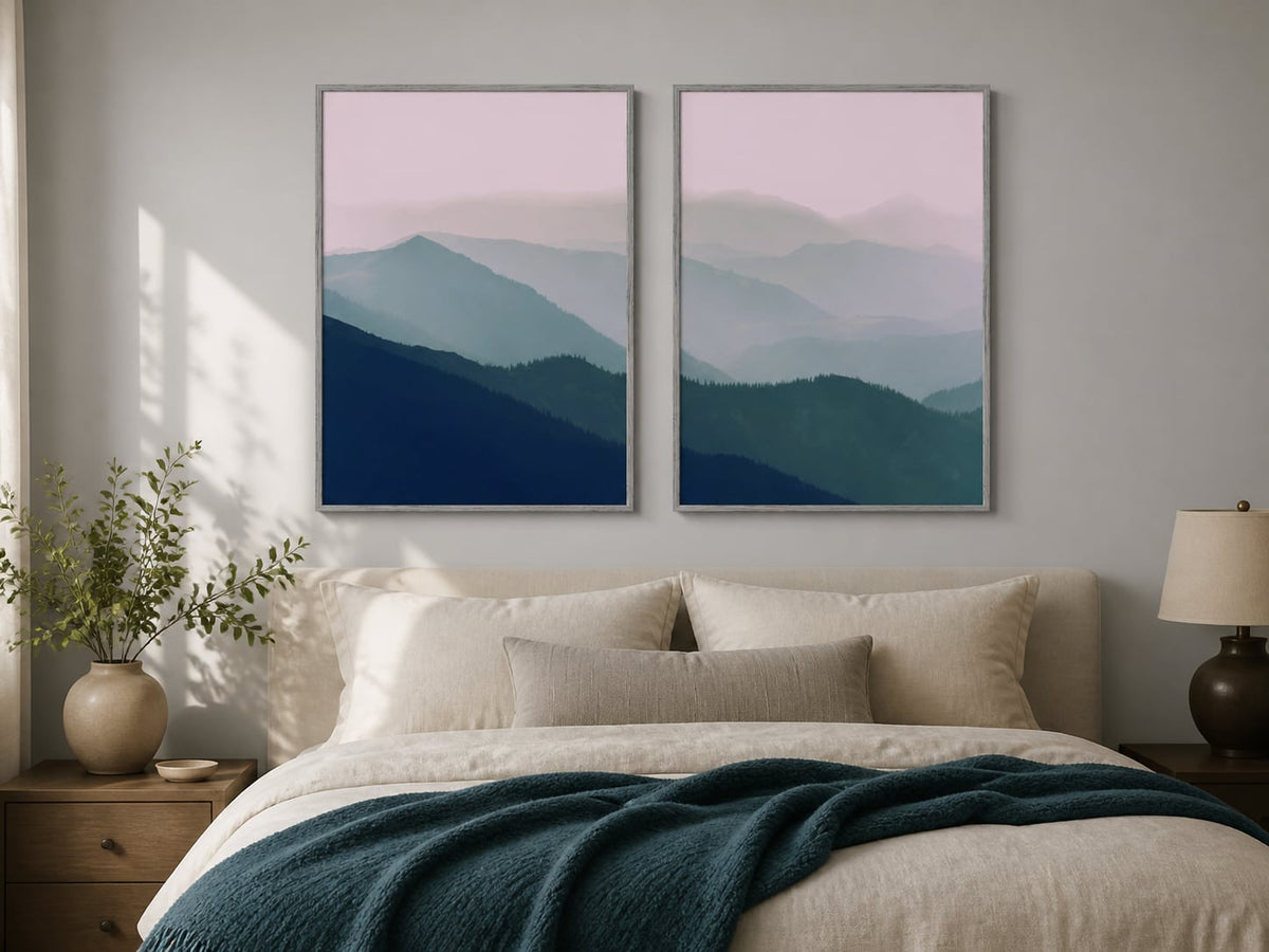 Dusk Ridge Mountain Pair displayed in a palette-matched bedroom