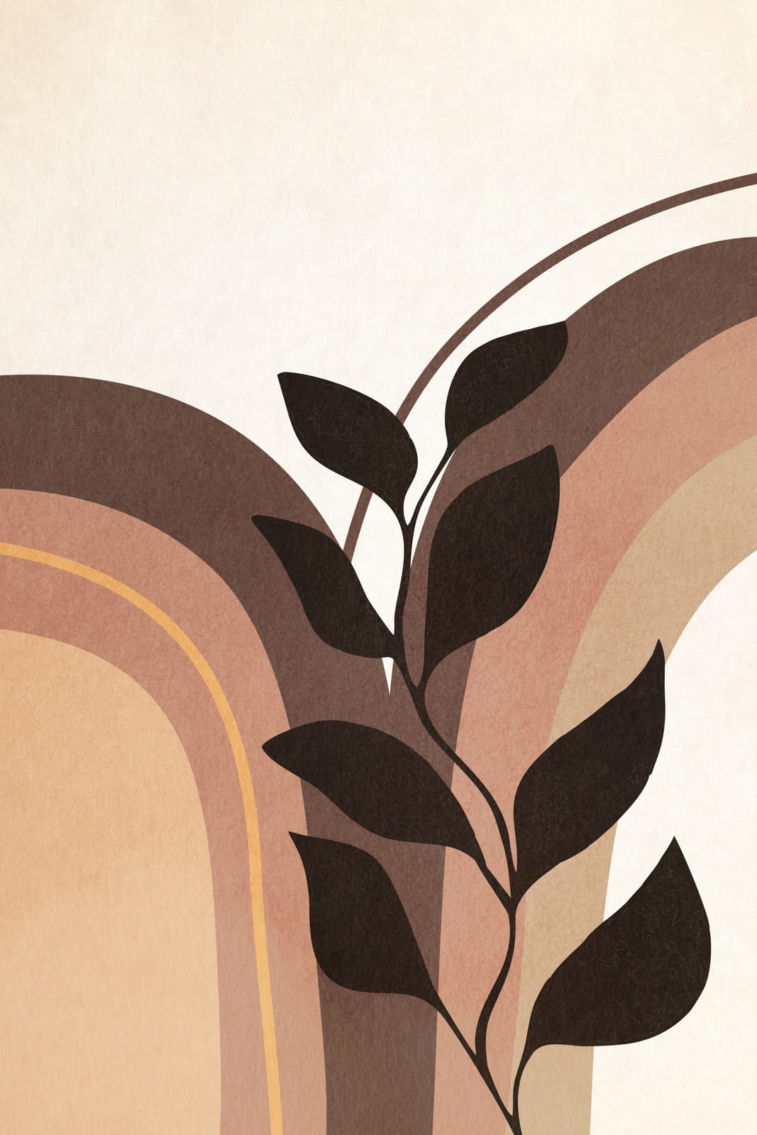 A dark botanical silhouette rises inside layered terracotta, sand, and cream arches