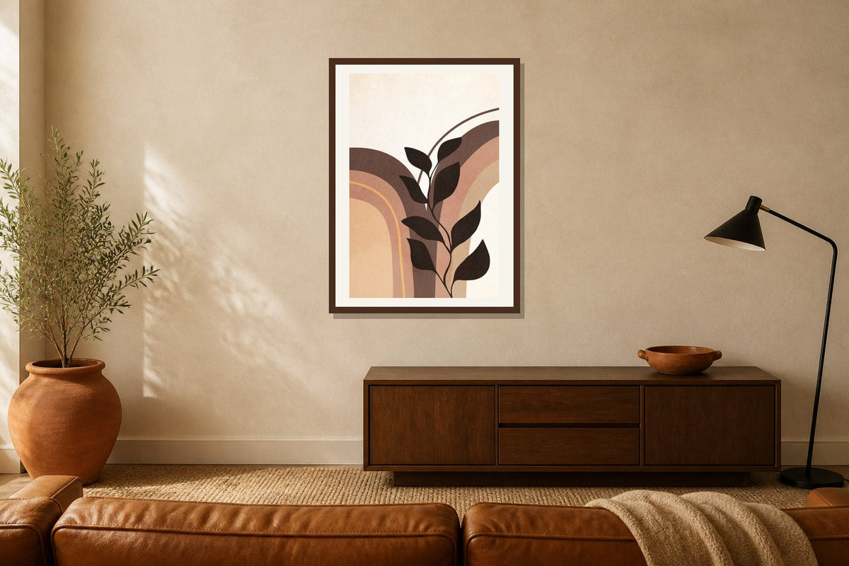 Earth Tone Botanical Arch Print print displayed in a living room matched to its terracotta, sand, black palette