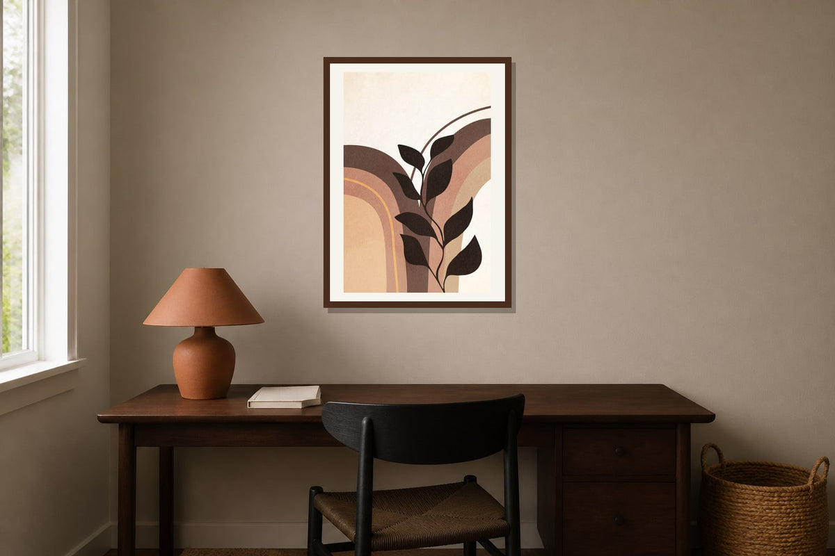 Earth Tone Botanical Arch Print print displayed in a home office matched to its terracotta, sand, black palette