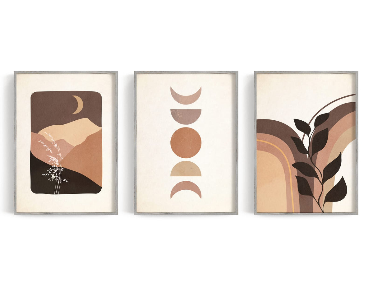 Earth Tone Moon & Shapes Trio showing three earth-tone graphics combine a desert moon landscape, stacked moon phases, and.