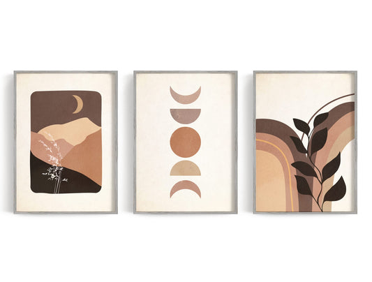 Earth Tone Moon & Shapes Trio showing three earth-tone graphics combine a desert moon landscape, stacked moon phases, and.