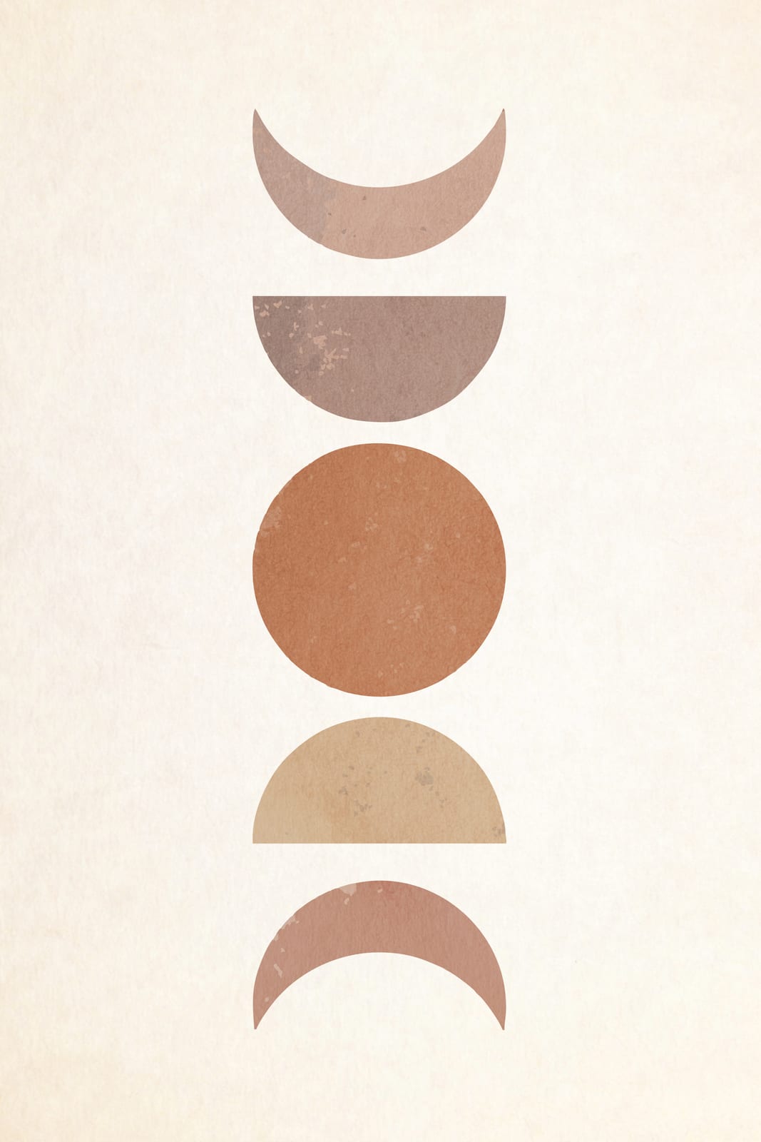 Black and terracotta moon phases stack vertically among curved sand-colored shapes