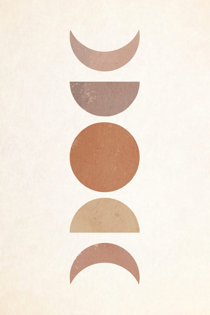 Black and terracotta moon phases stack vertically among curved sand-colored shapes