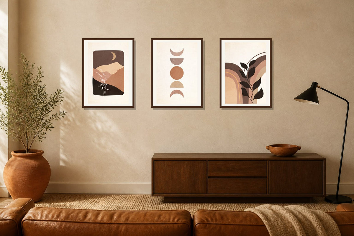 Earth Tone Moon & Shapes Trio trio displayed in a living room matched to its terracotta, sand, black palette