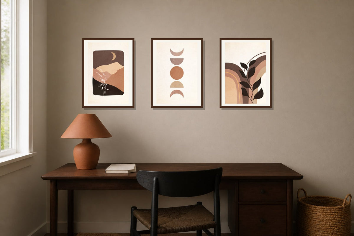 Earth Tone Moon & Shapes Trio trio displayed in a home office matched to its terracotta, sand, black palette