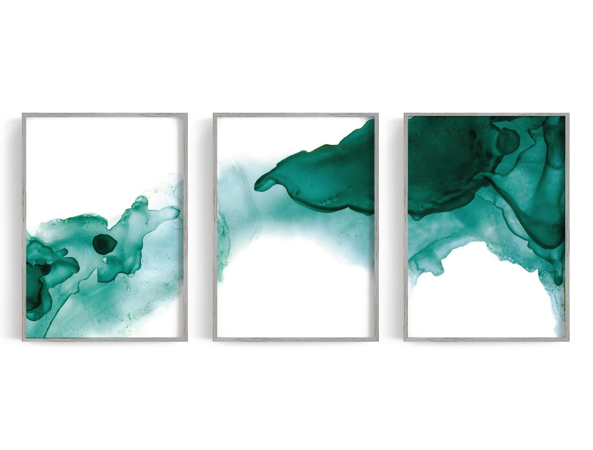 Three green abstract panels with olive, cream, and charcoal layered marks