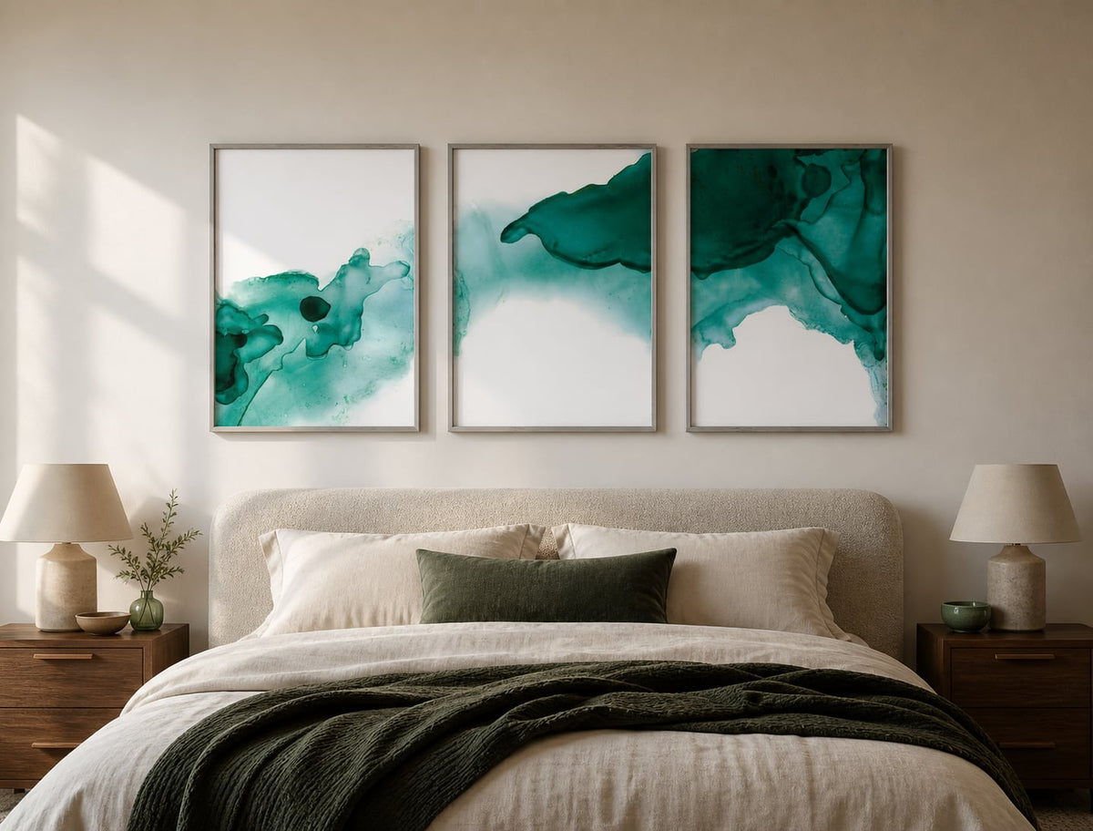 Emerald Current Abstract Trio displayed in a palette-matched bedroom