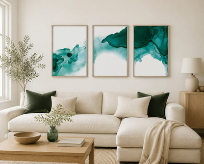 Emerald Current Abstract Trio displayed in a palette-matched living room