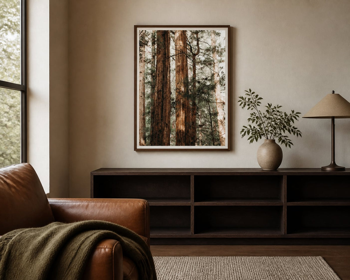 Forest Canopy Print in a warm reading room with dark oak, caramel leather, and olive accents