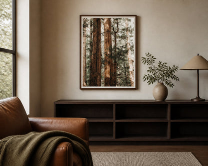 Forest Canopy Print in a warm reading room with dark oak, caramel leather, and olive accents