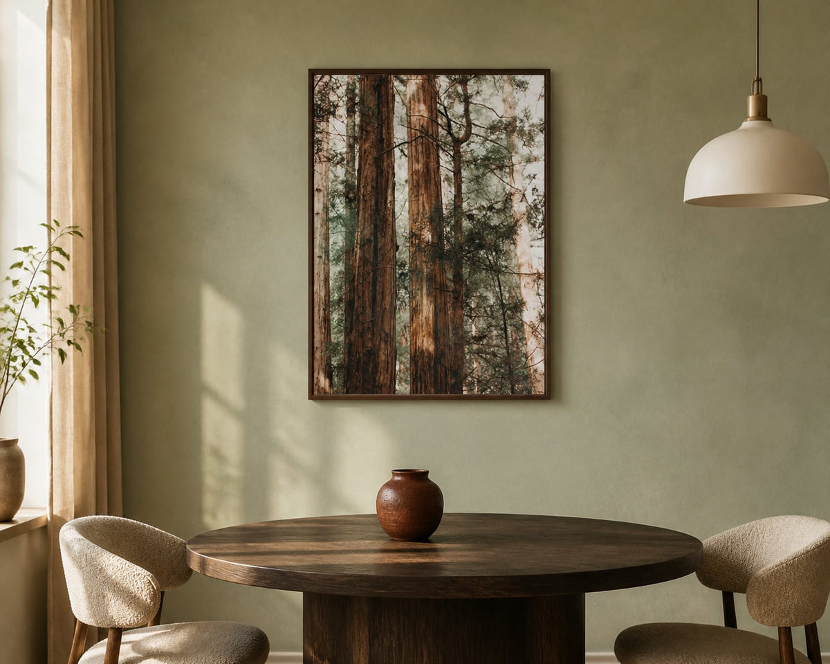 Forest Canopy Print above a dark oak table in a pale sage dining room