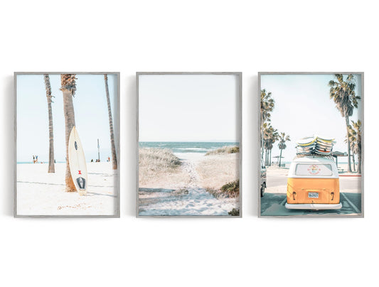 Three beach lifestyle panels with palms, surf, and an orange van by the shore