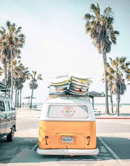 Three beach lifestyle panels with palms, surf, and an orange van by the shore, panel 3 of 3