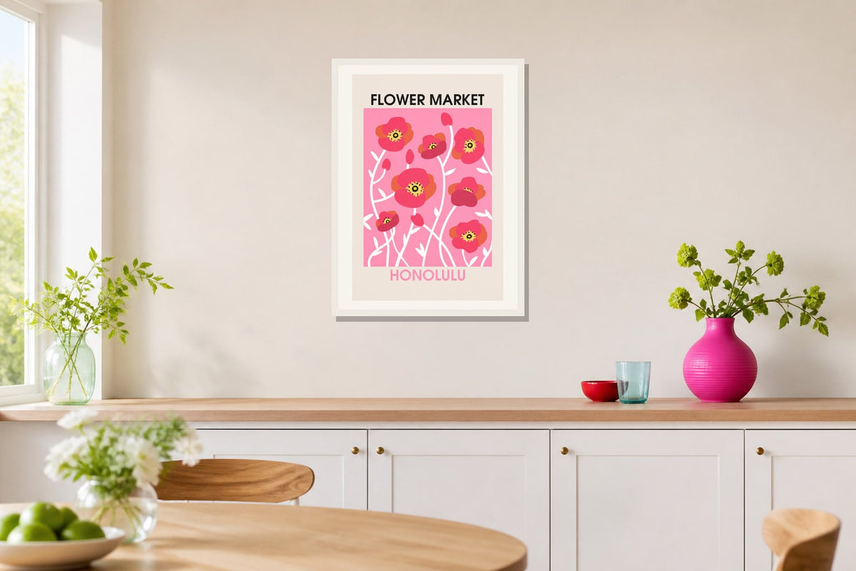 Honolulu Flower Market Print print displayed in a kitchen matched to its bright pink, red, leaf green palette