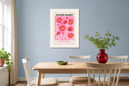 Honolulu Flower Market Print print displayed in a dining room matched to its bright pink, red, leaf green palette