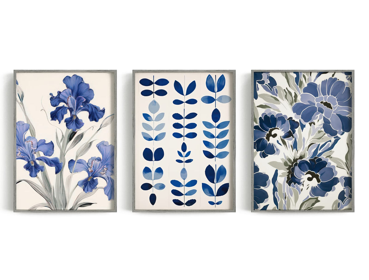 Indigo Botanical Study Trio showing three blue botanical studies move from a loose iris painting to a single leaf study.