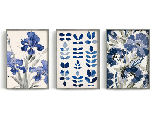Indigo Botanical Study Trio showing three blue botanical studies move from a loose iris painting to a single leaf study.