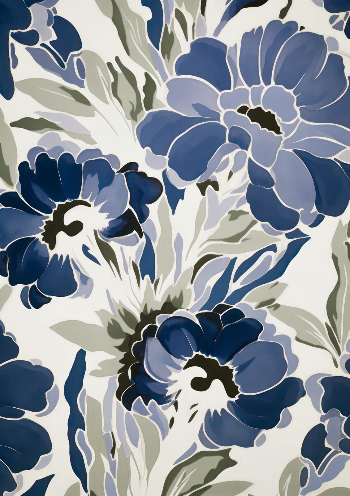 Small indigo flowers and leaves form a dense repeat on warm white
