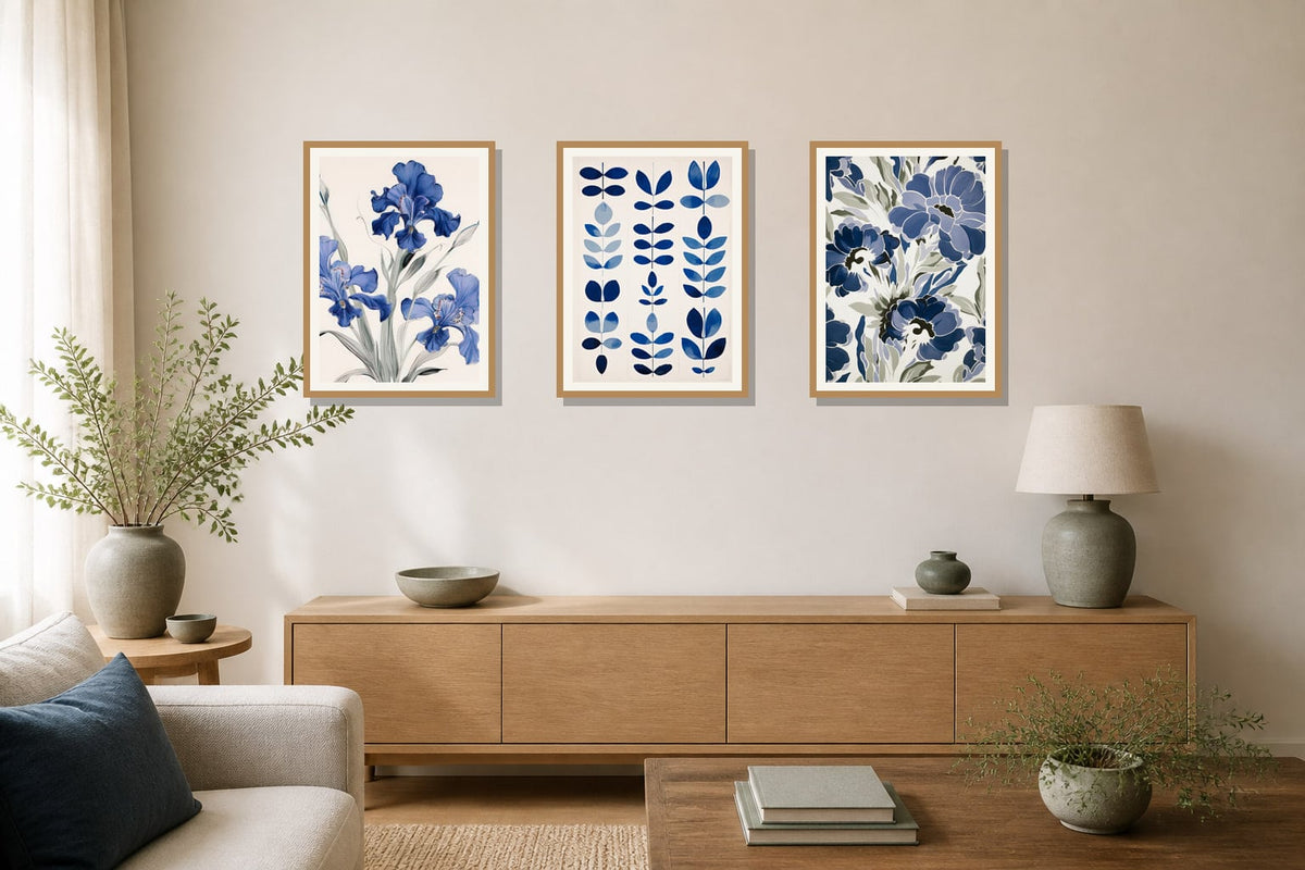 Indigo Botanical Study Trio trio displayed in a living room matched to its indigo blue, warm white, muted green palette
