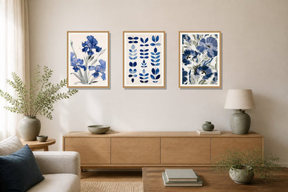 Indigo Botanical Study Trio trio displayed in a living room matched to its indigo blue, warm white, muted green palette