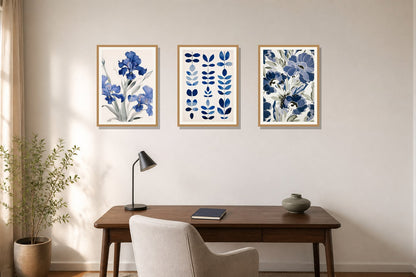 Indigo Botanical Study Trio trio displayed in a home office matched to its indigo blue, warm white, muted green palette
