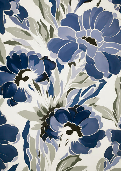 Small indigo flowers and leaves form a dense repeat on warm white