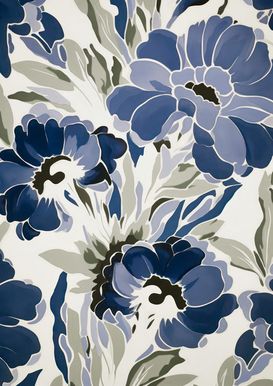 Small indigo flowers and leaves form a dense repeat on warm white